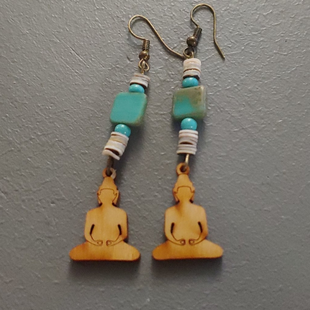 Wooden Buddha Dangle Earrings